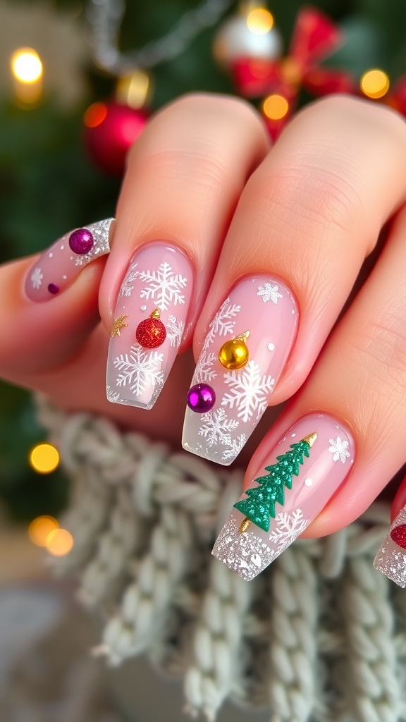 Winter Christmas nail art design with clear base, snowflakes, and Christmas trees.